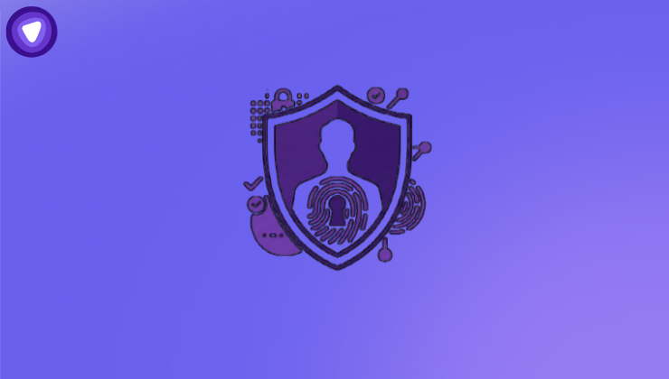 Purple and white minimalist graphic of a security shield, employee silhouette, and digital fingerprint.