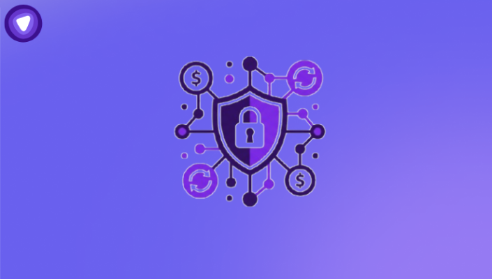 Purple and white network security icon with padlock shield and currency nodes.