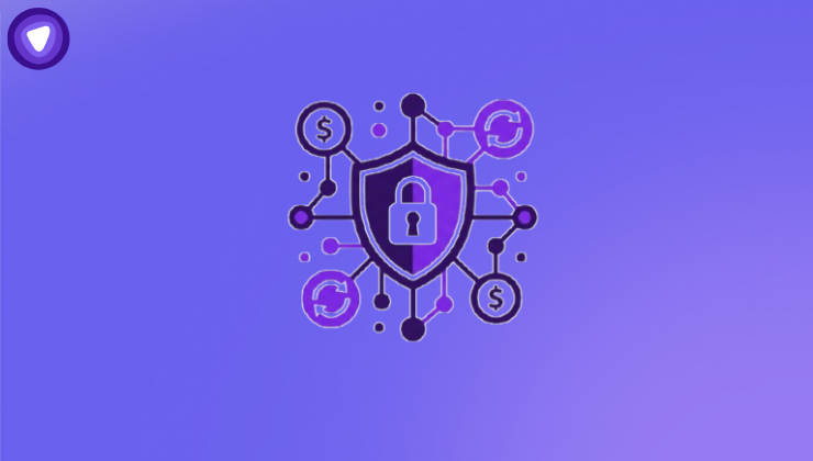 Purple and white network security icon with padlock shield and currency nodes.